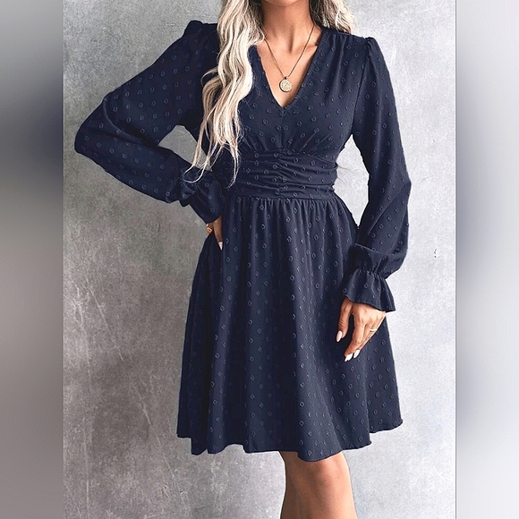 New Flowy Dot Long Sleeve Ruched Waist Short Dress Navy Blue - Picture 1 of 8